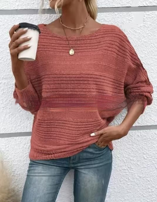 Army green loose fit pullover shirt women solid color round neck versatile layering piece
