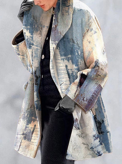 Womens Jackets - Retro Printed Lapel Coat, Cotton Blend