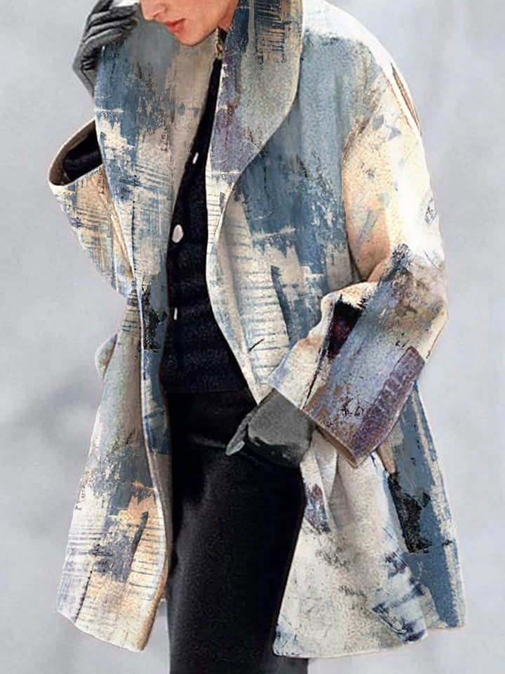 Womens Jackets - Retro Printed Lapel Coat, Cotton Blend