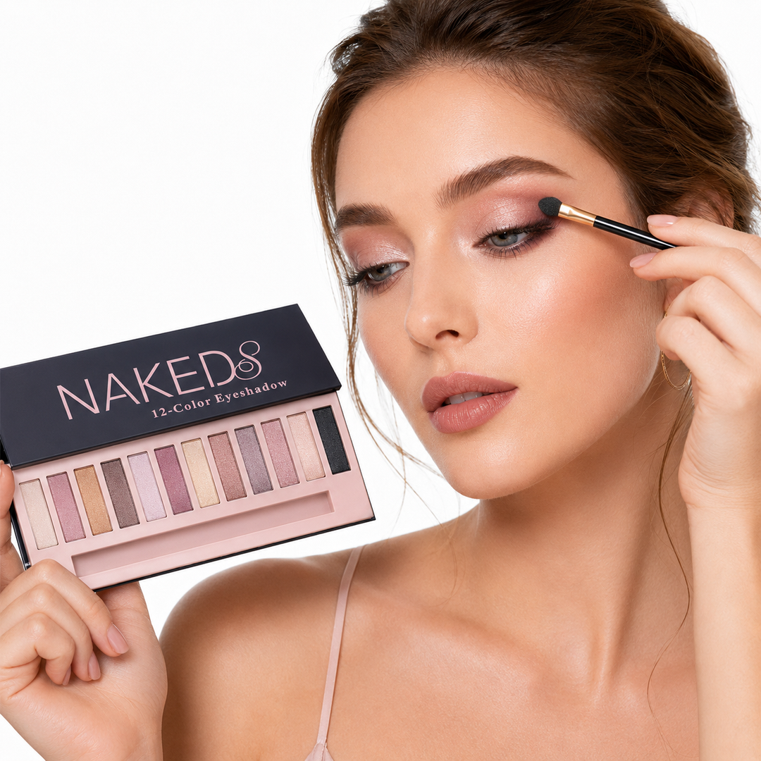 Model applying 12-color eye shadow with the palette shown on a white background, displayed clearly for product detail online.
