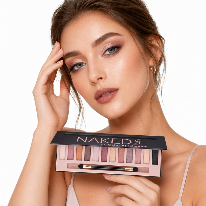 12-color eye shadow palette display shown with model on a white background, displayed clearly for design detail for shoppers.