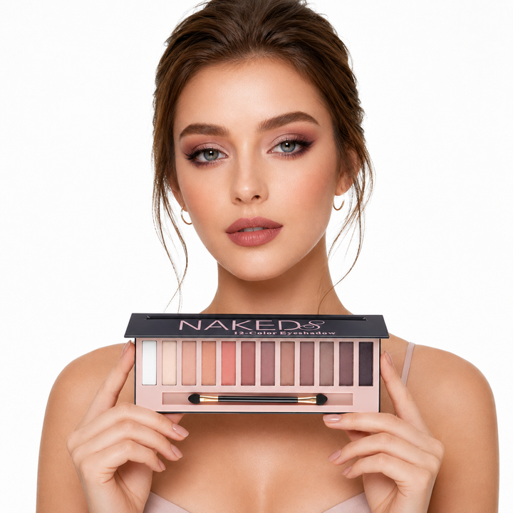12-color eye shadow palette shown front-facing with model and product detail, displayed clearly for clear product comparison.