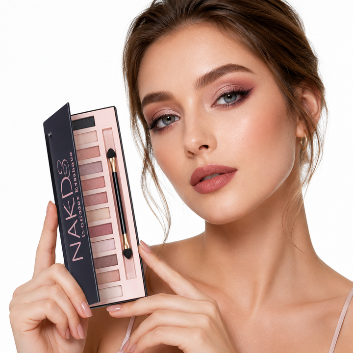 Eyeshadow palette with 12 colors shown with model on a clean white background, displayed clearly for outfit reference online.