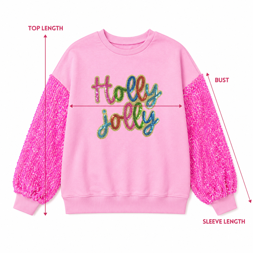 Measurement guide for pink Holly Jolly sequin sweatshirt