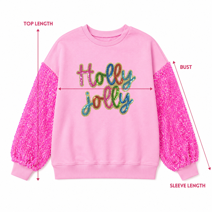 Measurement guide for pink Holly Jolly sequin sweatshirt