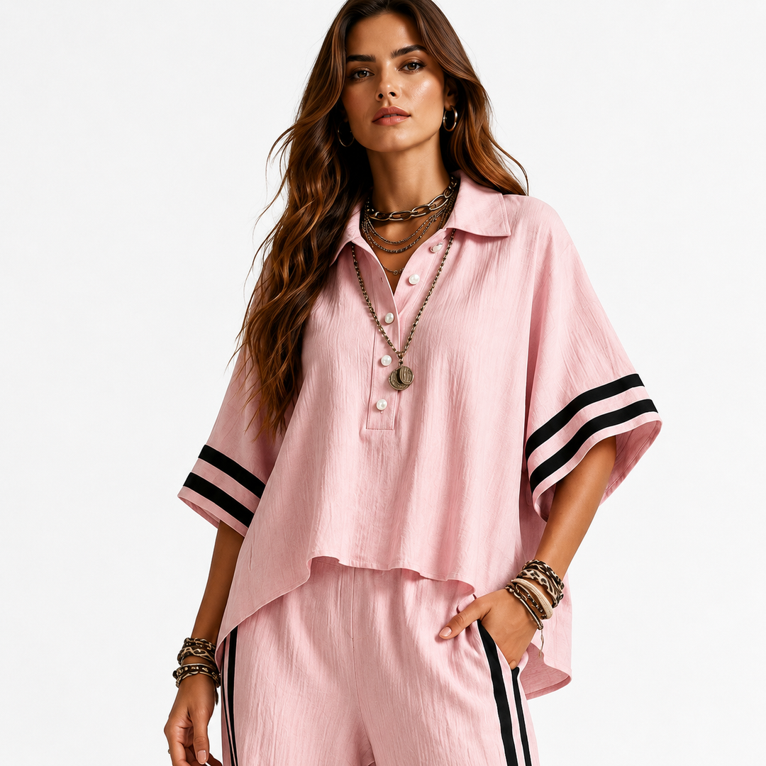 Polyester short sleeve shirt and loose trousers set for women, designed for relaxed summer days and daily wear with easy fit.