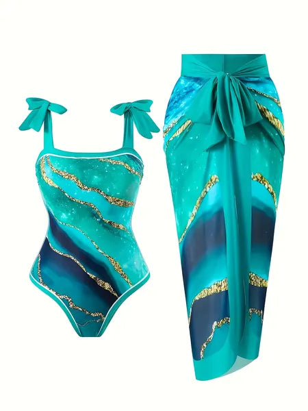 Sexy bikini set in vibrant print, string ties, high-waisted style on light sandy beach
