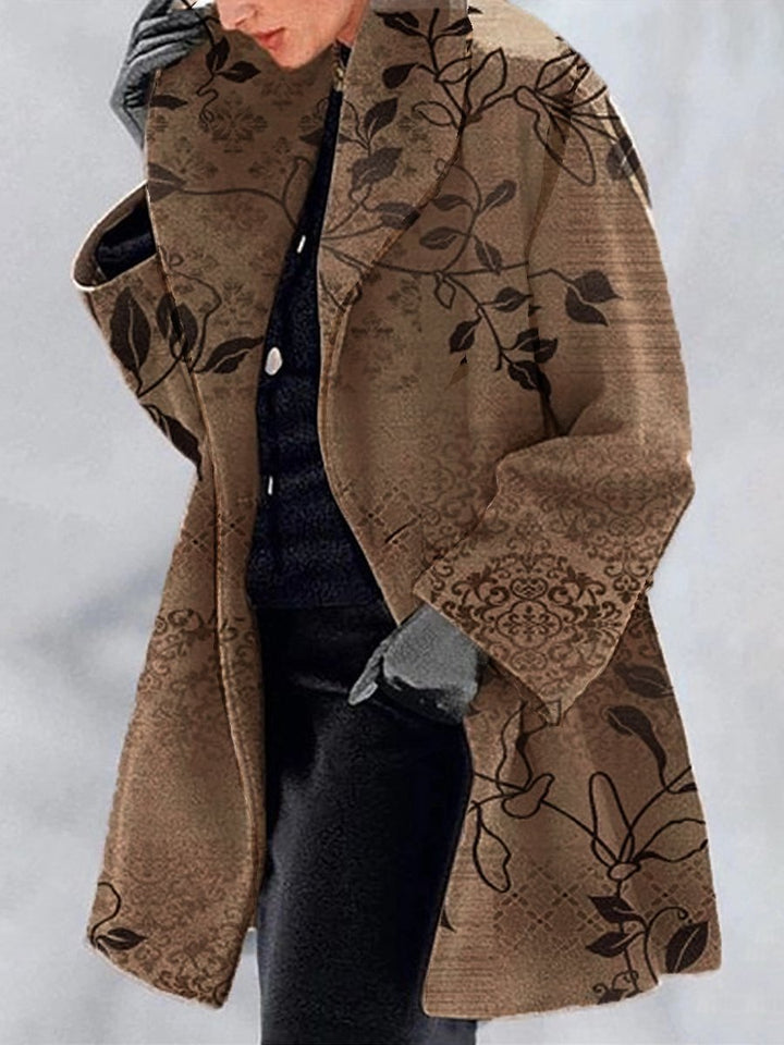 womens jackets sale style retro printed coat loose fit outfit with black trousers and heeled boots today
