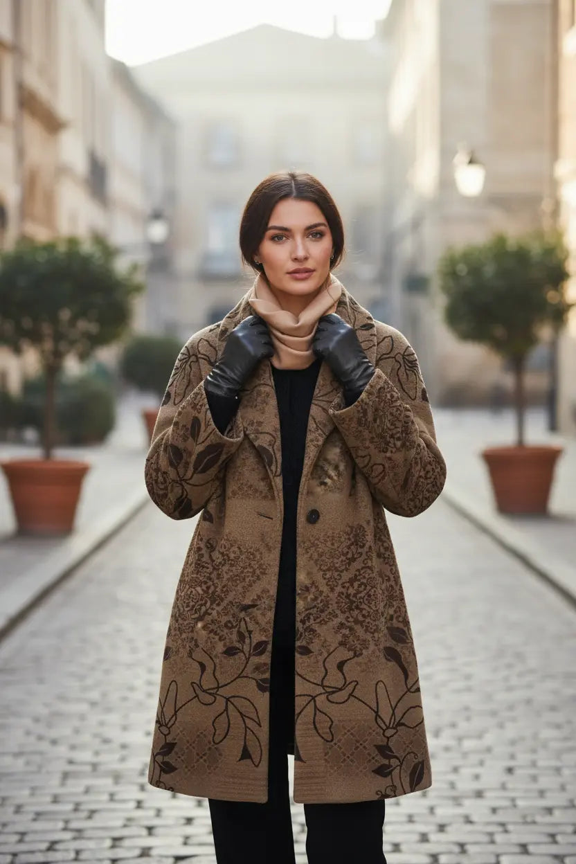 Womens Jackets - Retro Printed Lapel Coat, Cotton Blend