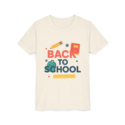 Youth cream tee with colorful back to school graphic