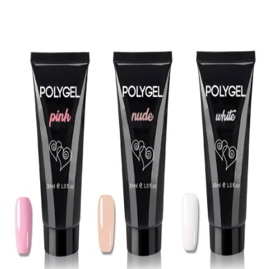 Three tubes of Polygel in pink, nude, and white with matching nail samples on a white background.