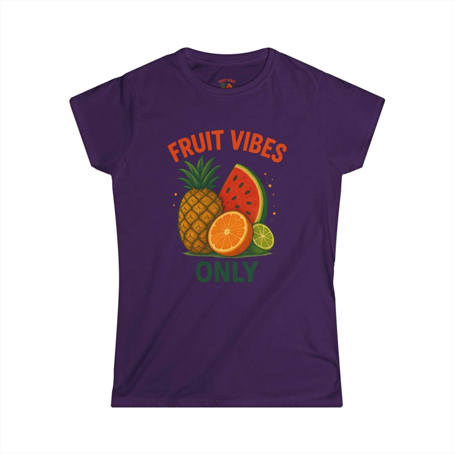 Purple tee with tropical fruit graphic and text