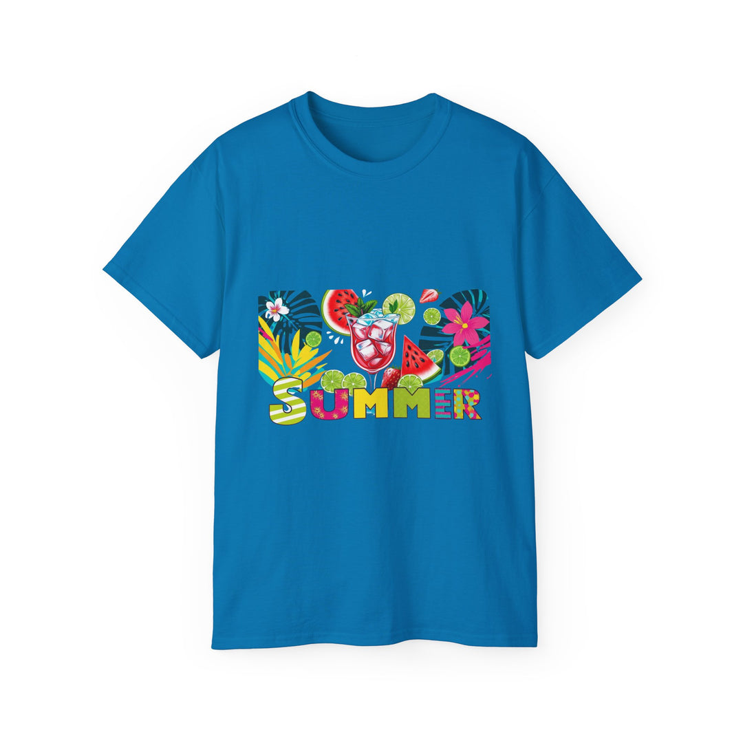 Folded beach party t-shirt highlighting breathable fabric and clean stitching