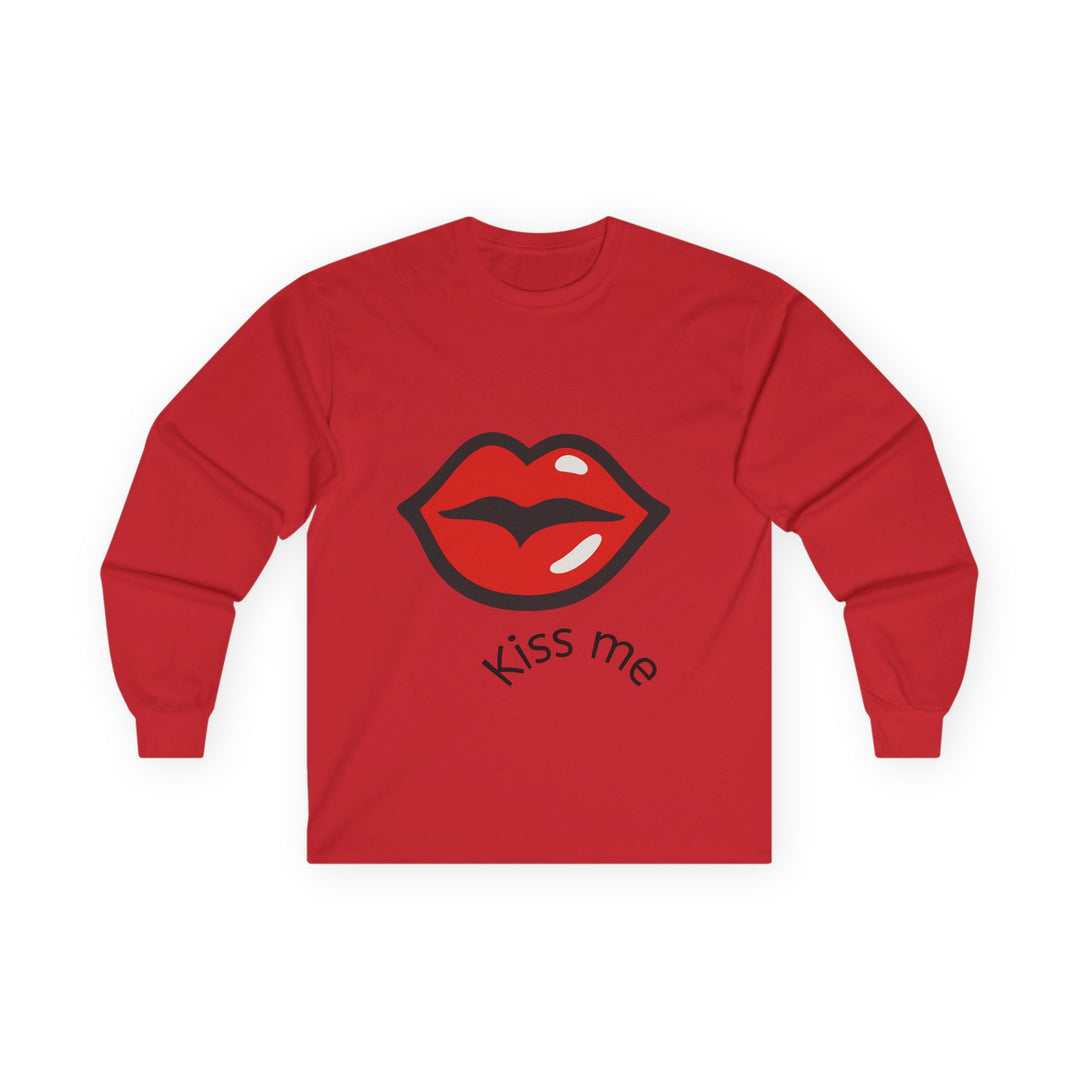 Red long-sleeve shirt with a graphic of lips and &