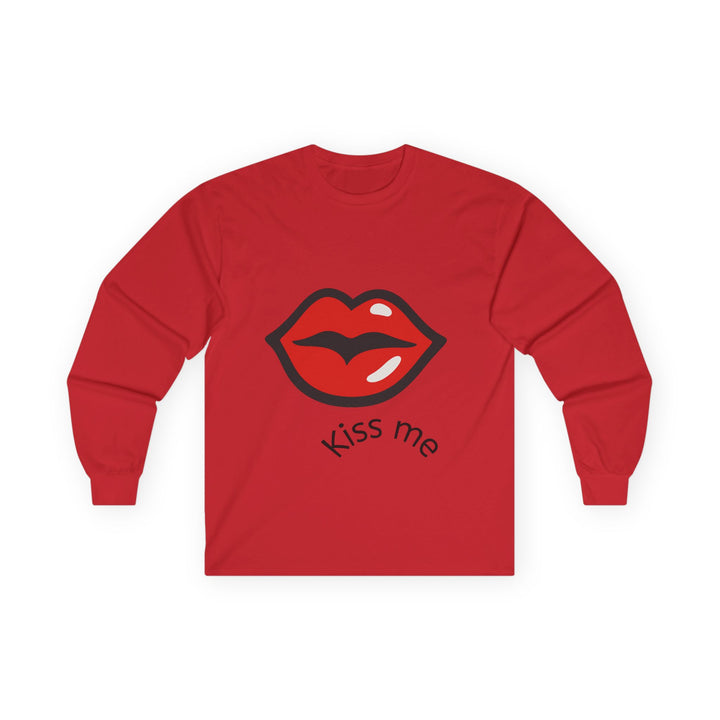 Red long-sleeve shirt with a graphic of lips and &