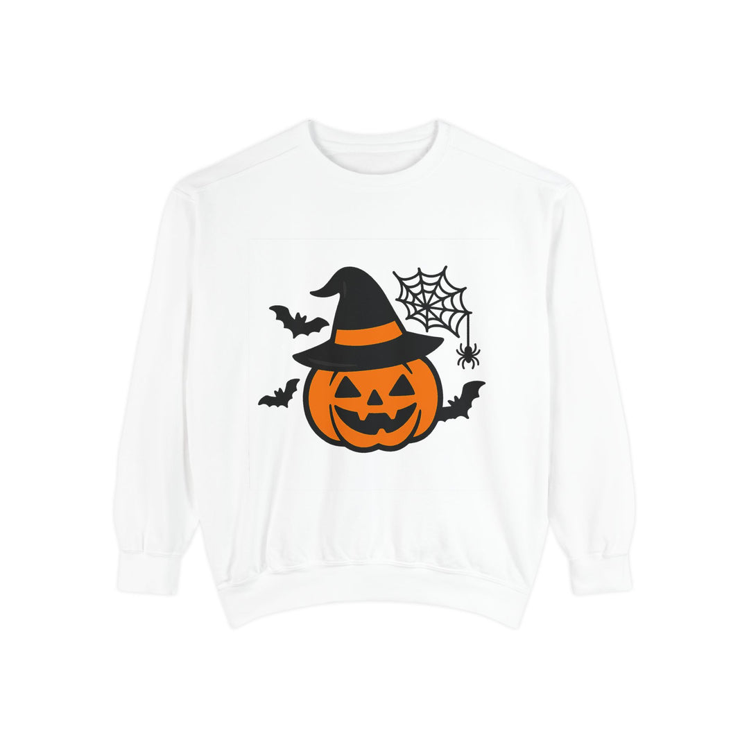Front view of pumpkin sweatshirt showing witch hat, bats and spider web graphic with ribbed collar, cuffs and hem detail now.