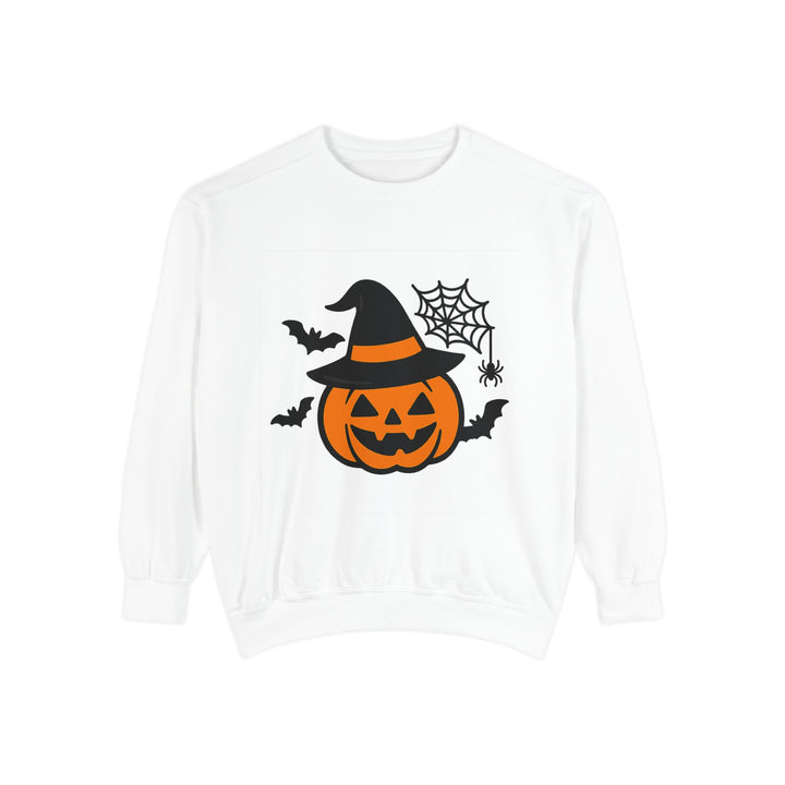 Front view of pumpkin sweatshirt showing witch hat, bats and spider web graphic with ribbed collar, cuffs and hem detail now.