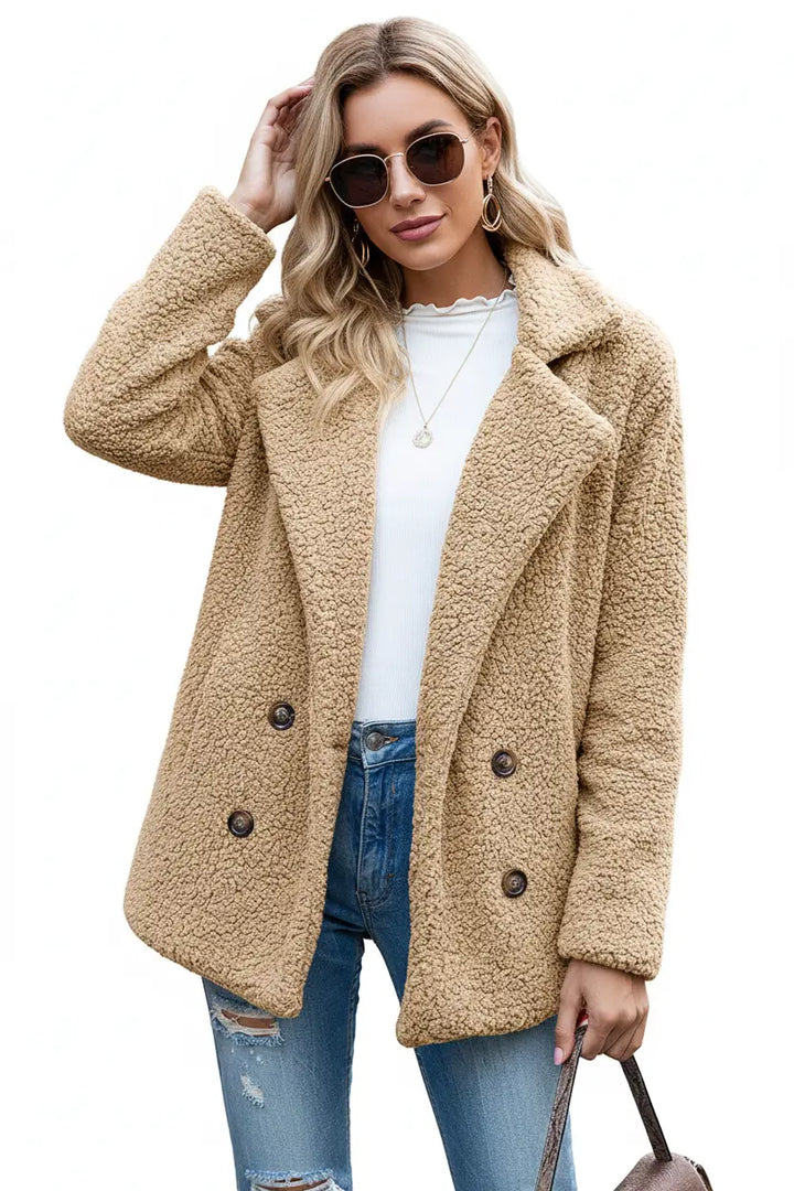 Fluffy Winter Coat side profile showing drape and length proportion on female model street context