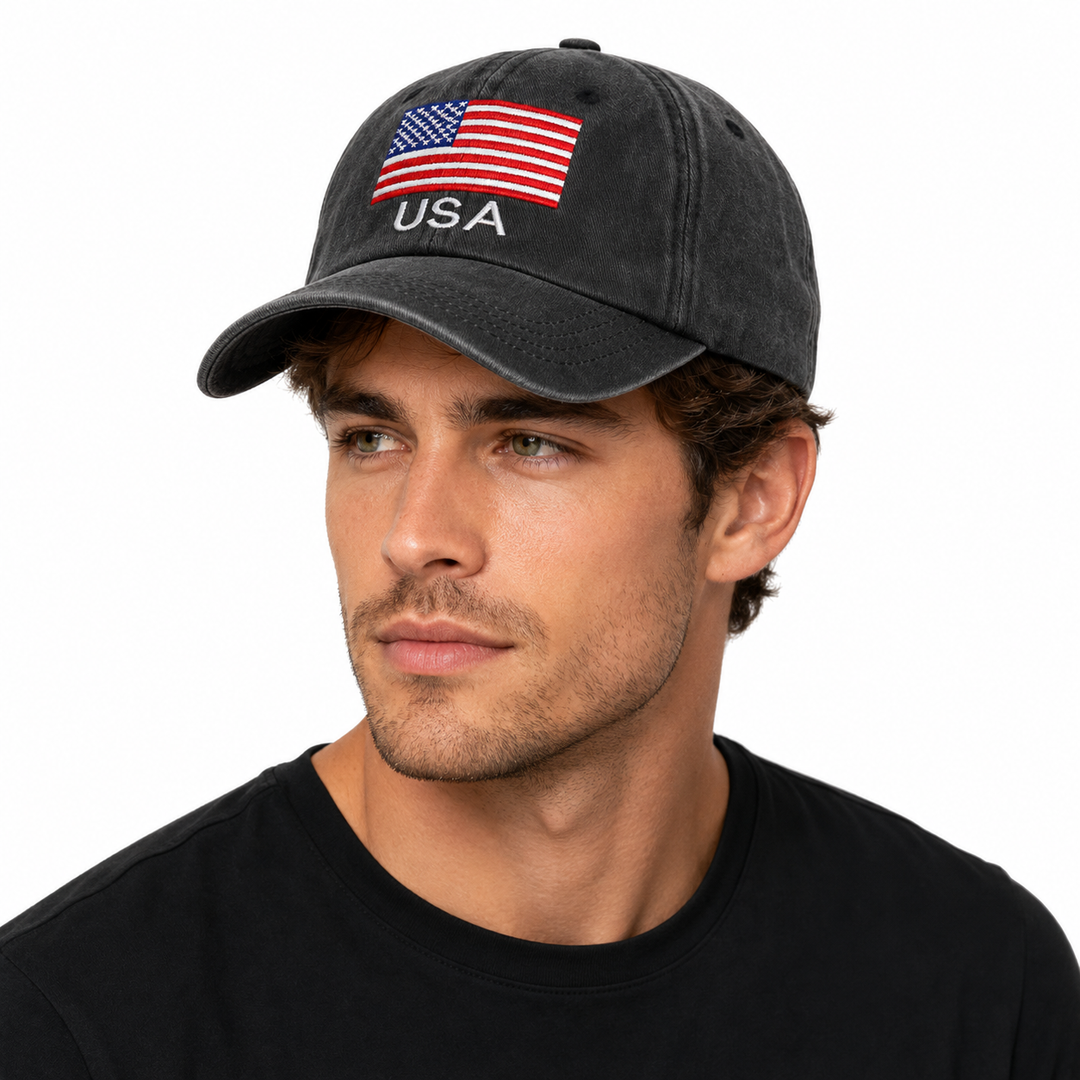 Distressed cotton American flag baseball cap for women and men with embroidered USA detail and adjustable back strap closure.
