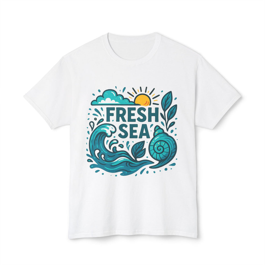 Unisex beach t shirt with Fresh Sea design, 100% cotton fabric, ribbed collar, and lightweight everyday comfort for holidays.
