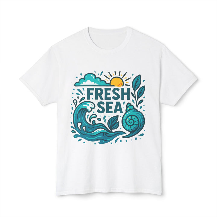 Unisex beach t shirt with Fresh Sea design, 100% cotton fabric, ribbed collar, and lightweight everyday comfort for holidays.
