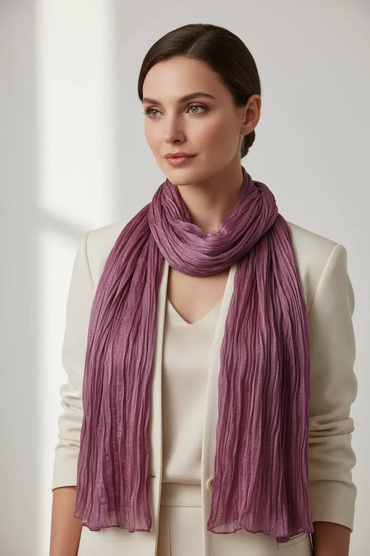 Grey skinny scarf thin profile wrapped once around neck office outfit