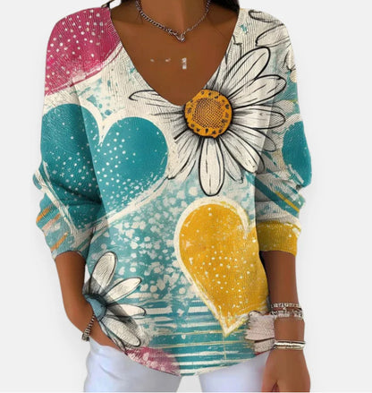 Women's Gradient Color V-neck Long-sleeved T-shirt