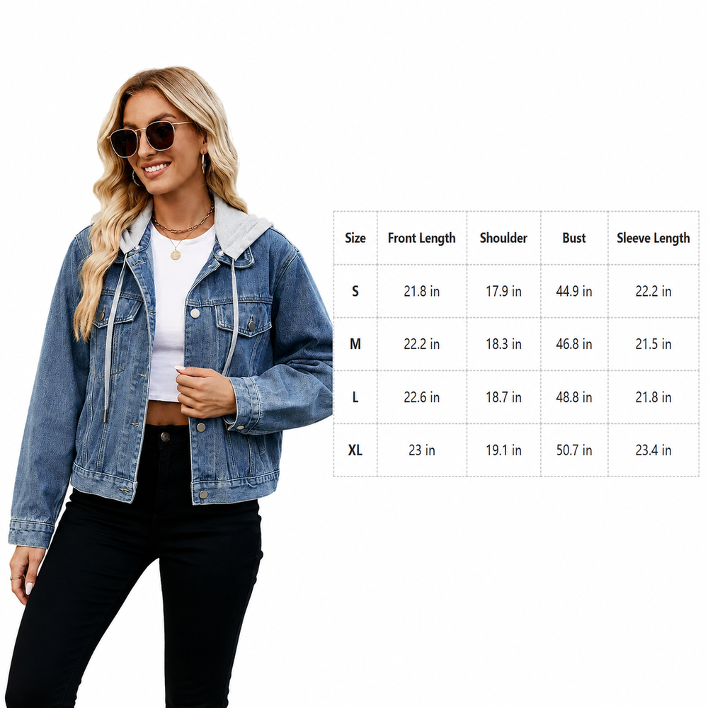 Side view of women's blue hooded denim jacket with relaxed shape, button front, tonal hood, and adjustable drawstring detail.