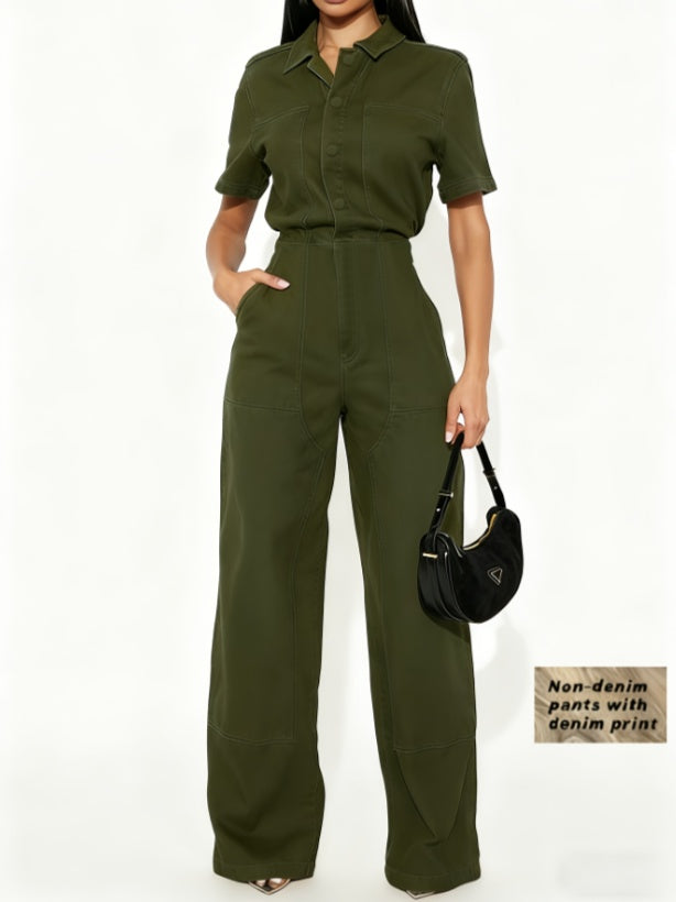 Workwear jumpsuit women utility pockets detail close-up