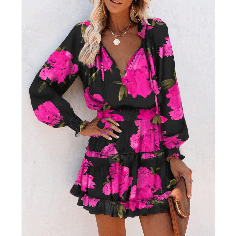 Boho mini dress with puff sleeves, model smiling, casual street style setting
