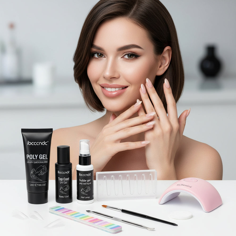 Poly gel nail kit flat lay on white background showing UV lamp, nail forms, and gel tubes
