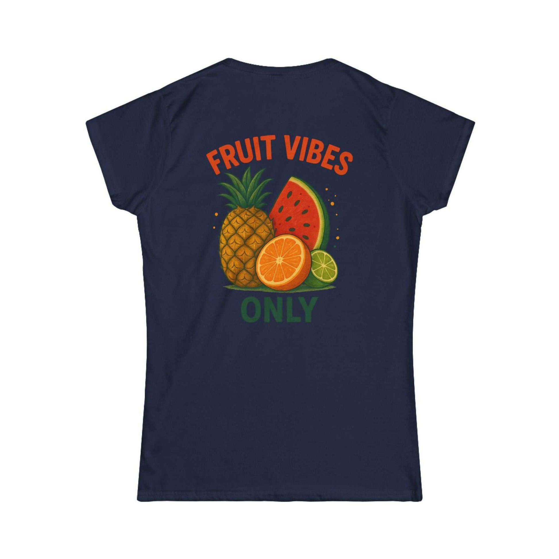 Navy tee with colorful tropical fruit graphic and text