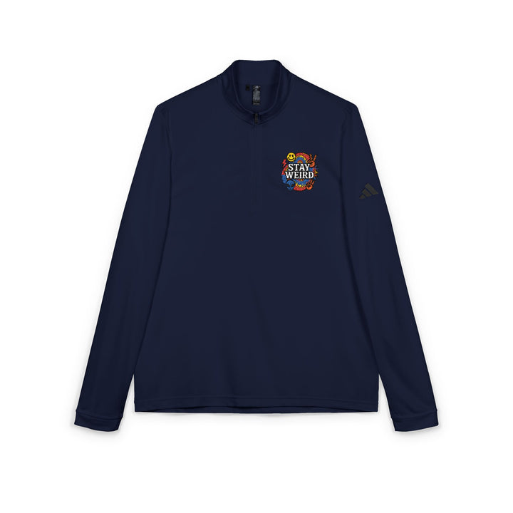 Navy unisex quarter-zip pullover with graphic logo