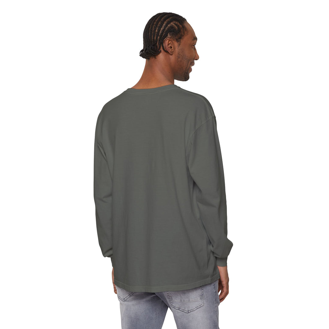 Man wearing a gray long-sleeve shirt on a white background