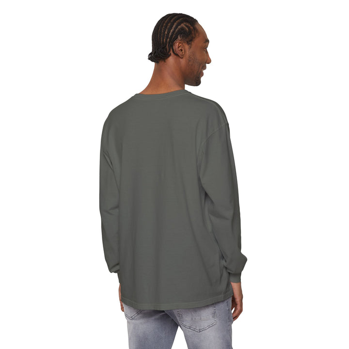 Man wearing a gray long-sleeve shirt on a white background