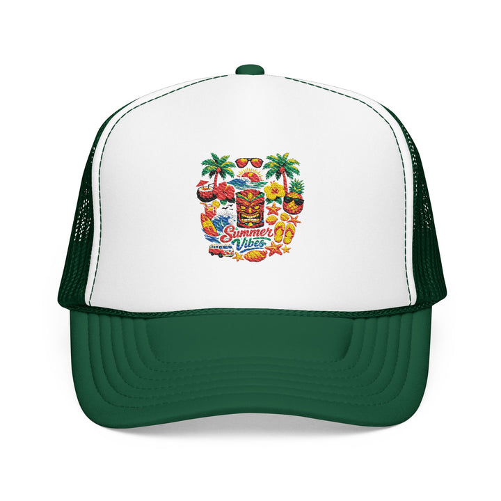 Unisex trucker cap worn by a white man highlighting balanced shape, smooth visor stitching and detailed front graphic.
