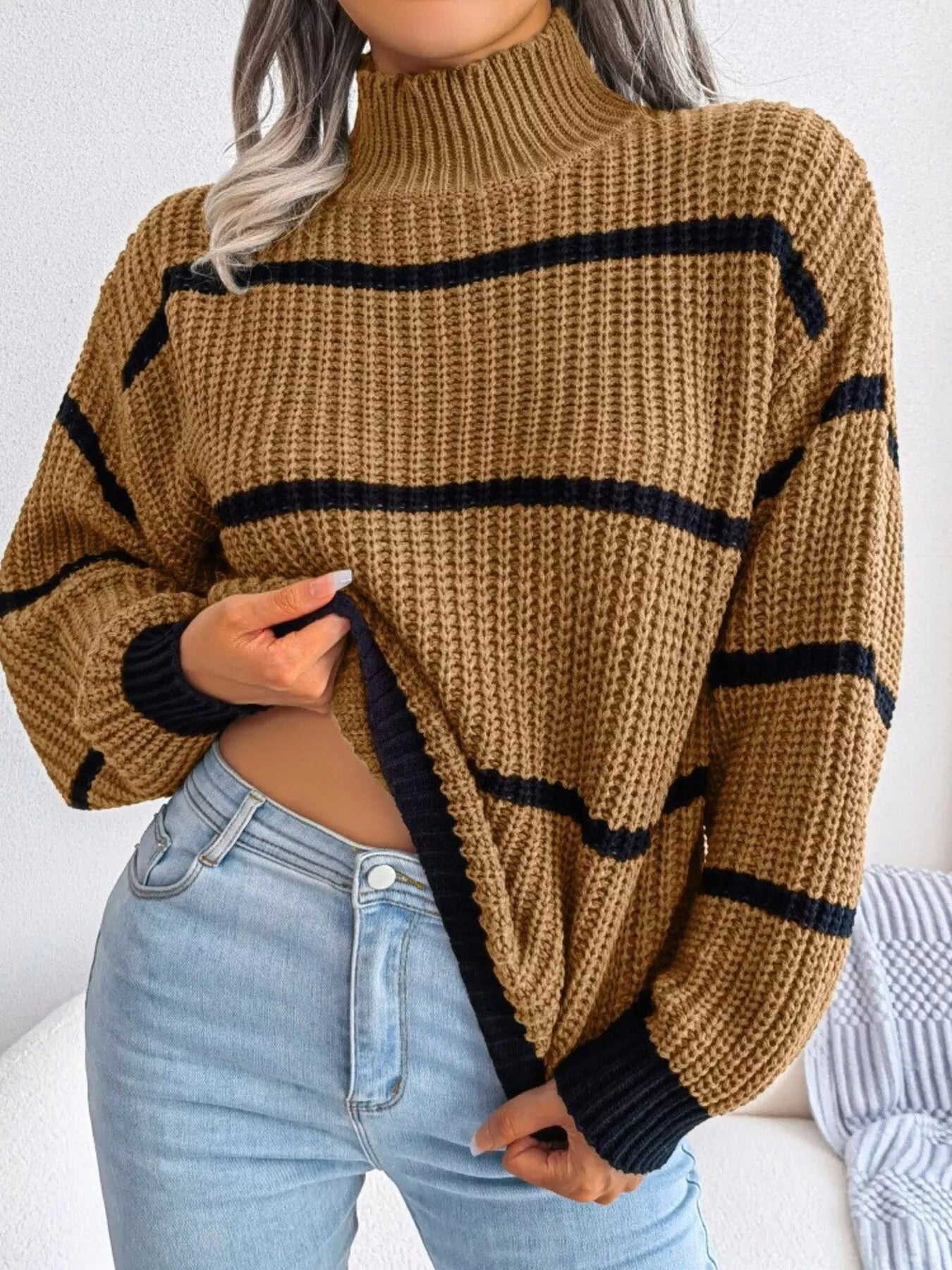 "classic striped mock neck sweater plus size inclusive range from S to 3XL on sizing chart beside garment"