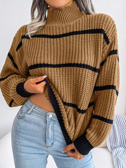 "classic striped mock neck sweater plus size inclusive range from S to 3XL on sizing chart beside garment"