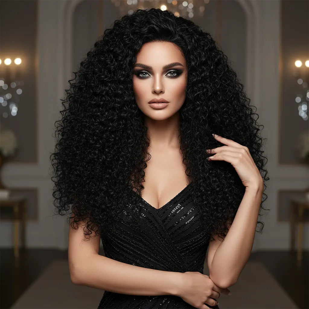  long black wig premium look soft texture close up  