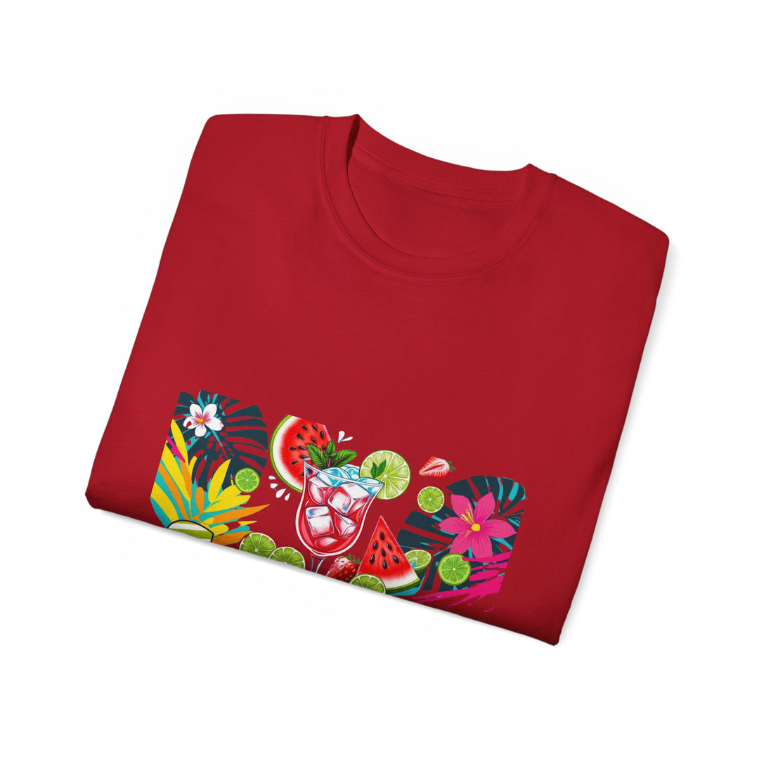 Folded red t-shirt with tropical-themed design on a white background