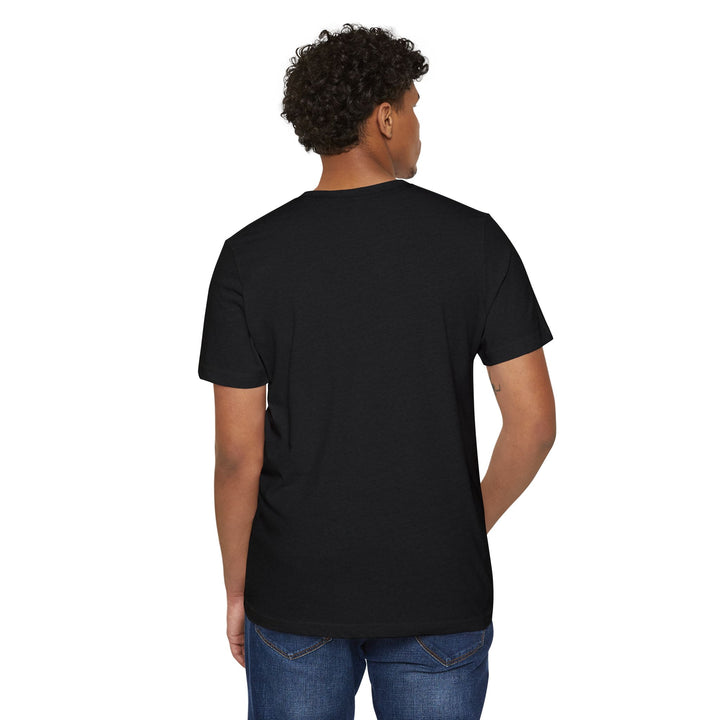 Person wearing a black t-shirt on a white background