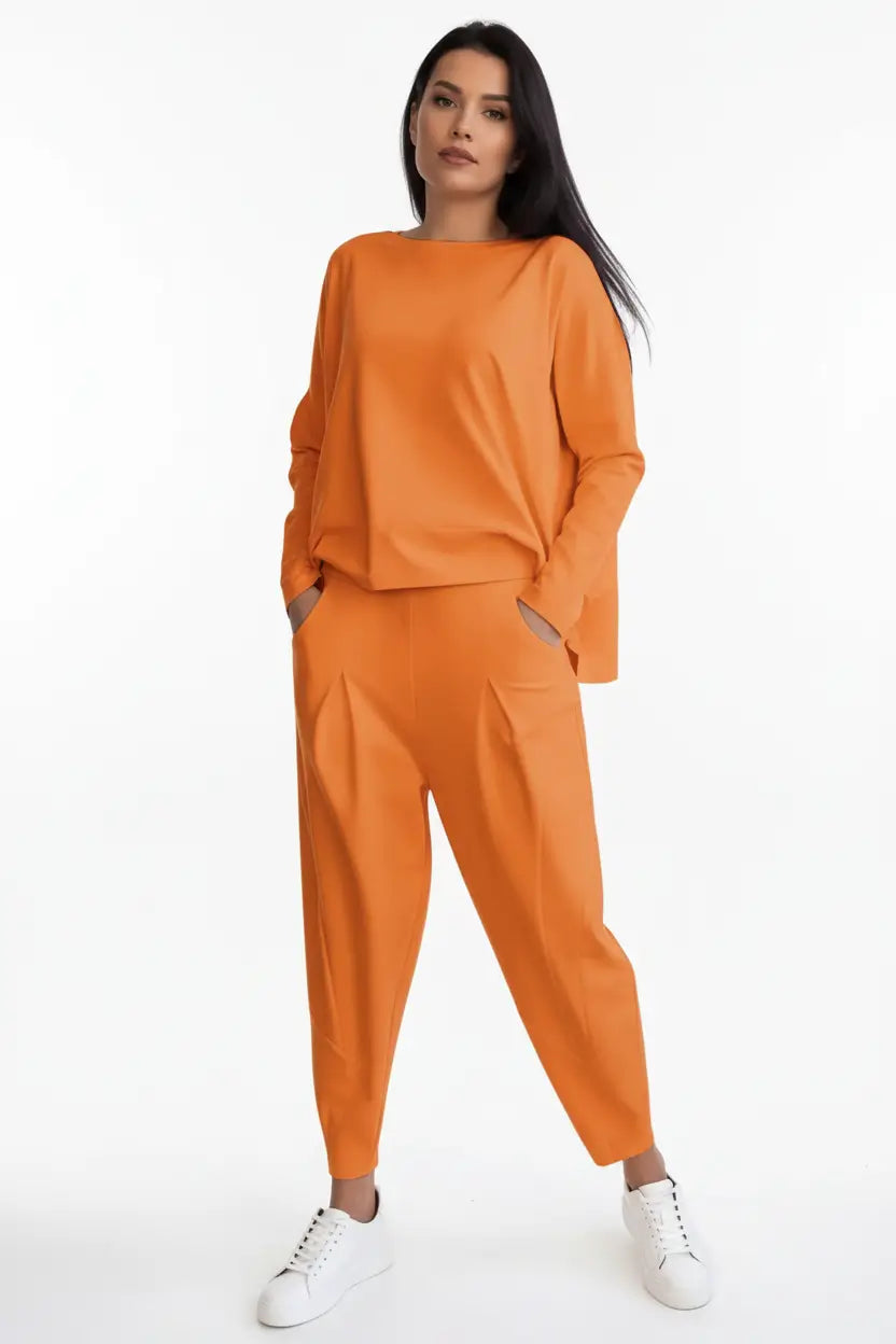 women’s irregular suit set gray neutral shade soft drape natural lighting