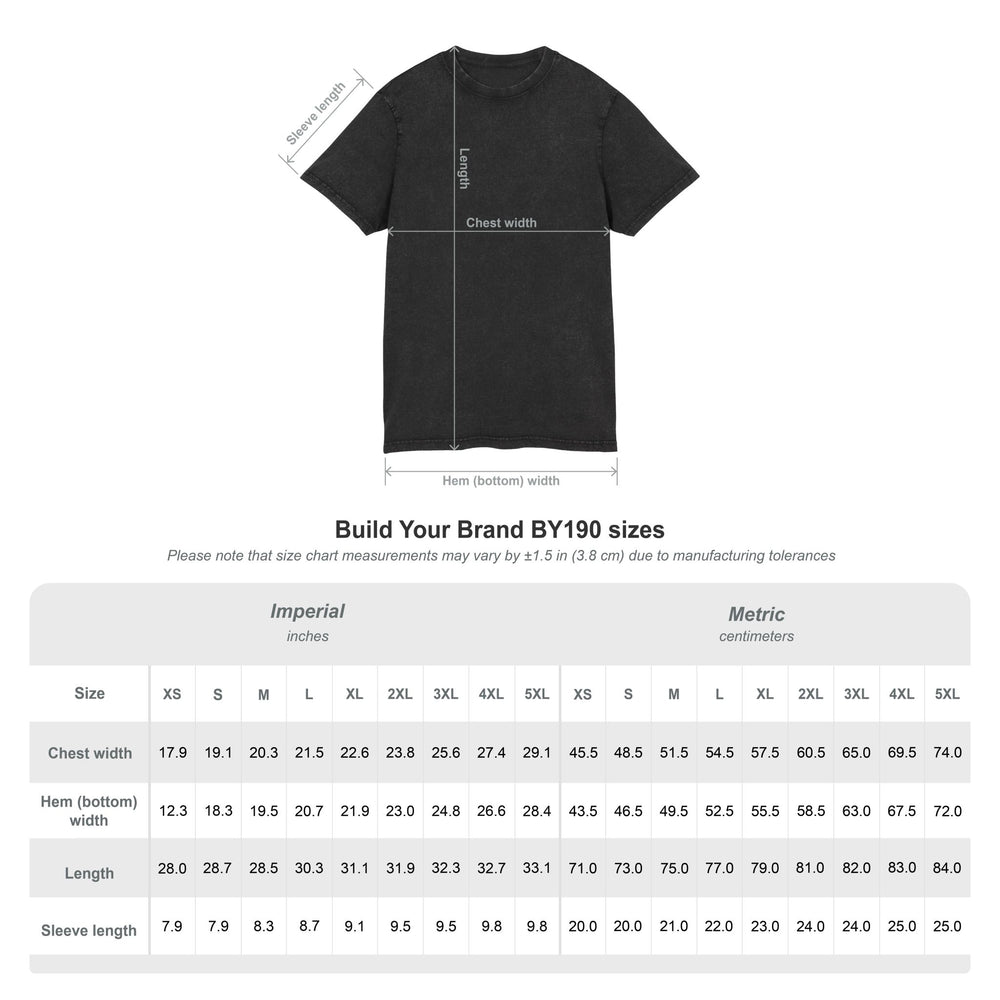 Black t-shirt with size chart measurements on a white background
