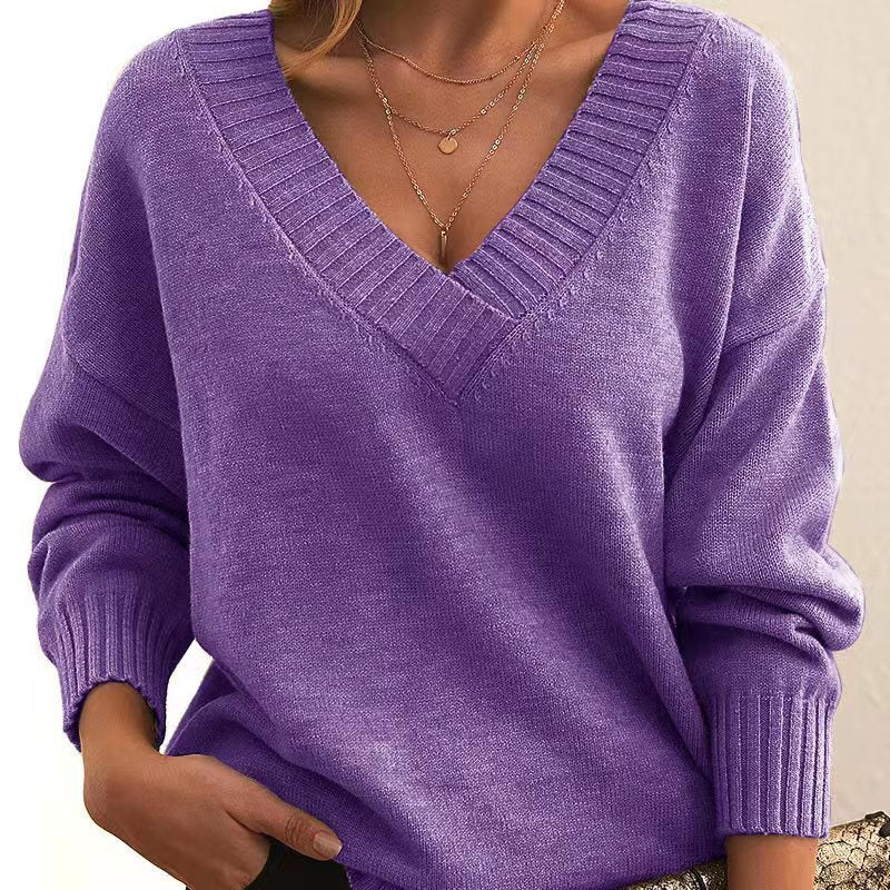 Women’s V-Neck Sweater   Cozy Loose Knit for Autumn & Winter
