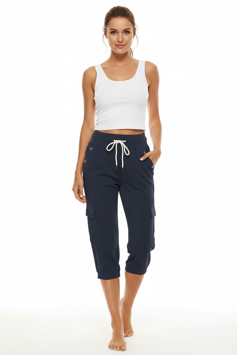 Linen blend cargo pants for women with clean cropped silhouette and utility detail