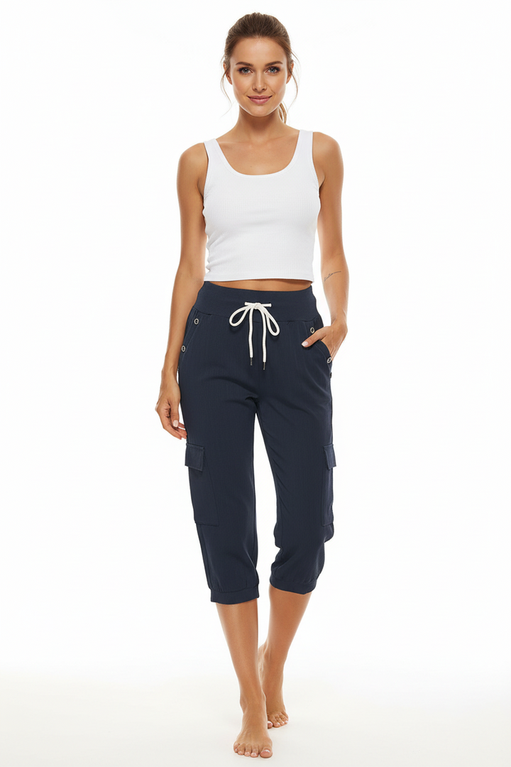 Linen blend cargo pants for women with clean cropped silhouette and utility detail