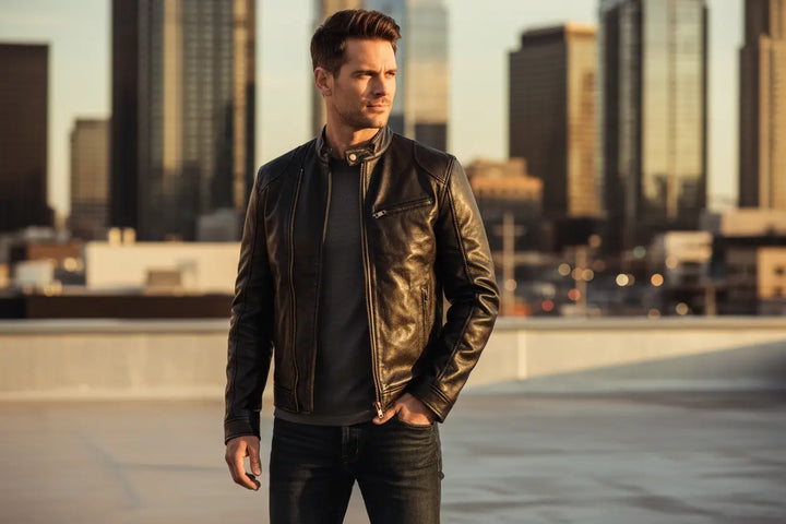 men's PU leather jacket close-up stand collar snap detail and smooth faux leather texture for refined daily wear
