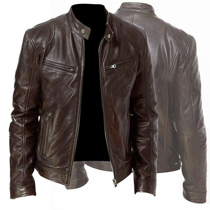 men's PU leather jacket close-up stand collar snap detail and smooth faux leather texture for refined daily wear

