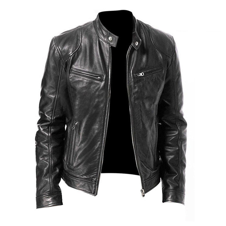 men's PU leather jacket zip pockets detail black secure storage for phone and wallet in lightweight outerwear
