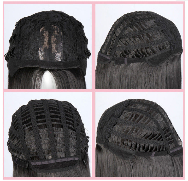 Big wave curly wig rose tone flatters all face shapes oblique bangs framing jawline model studio portrait shot
